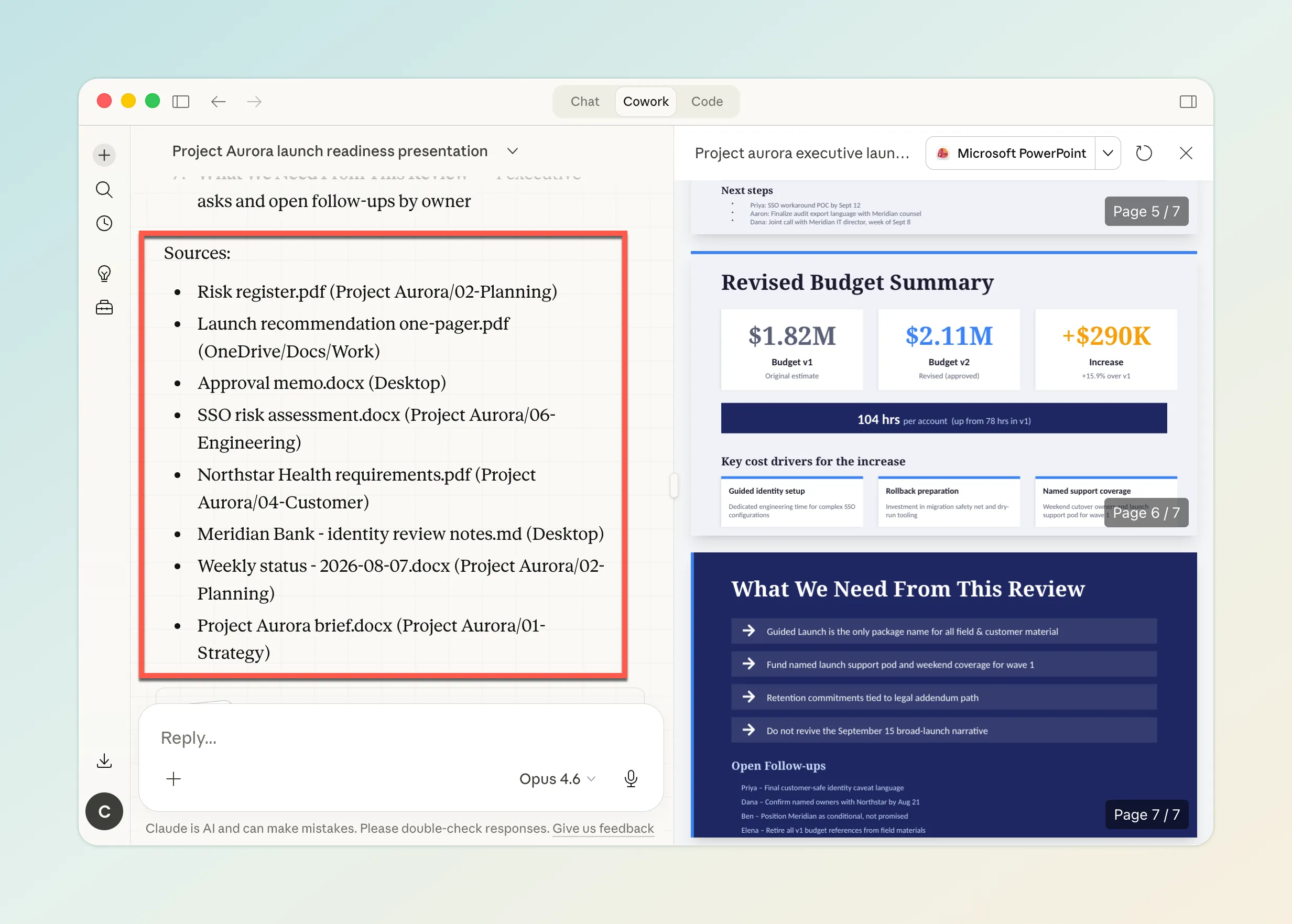 Source documents panel listing 8 files from different locations: Project Aurora folders, Desktop, and OneDrive