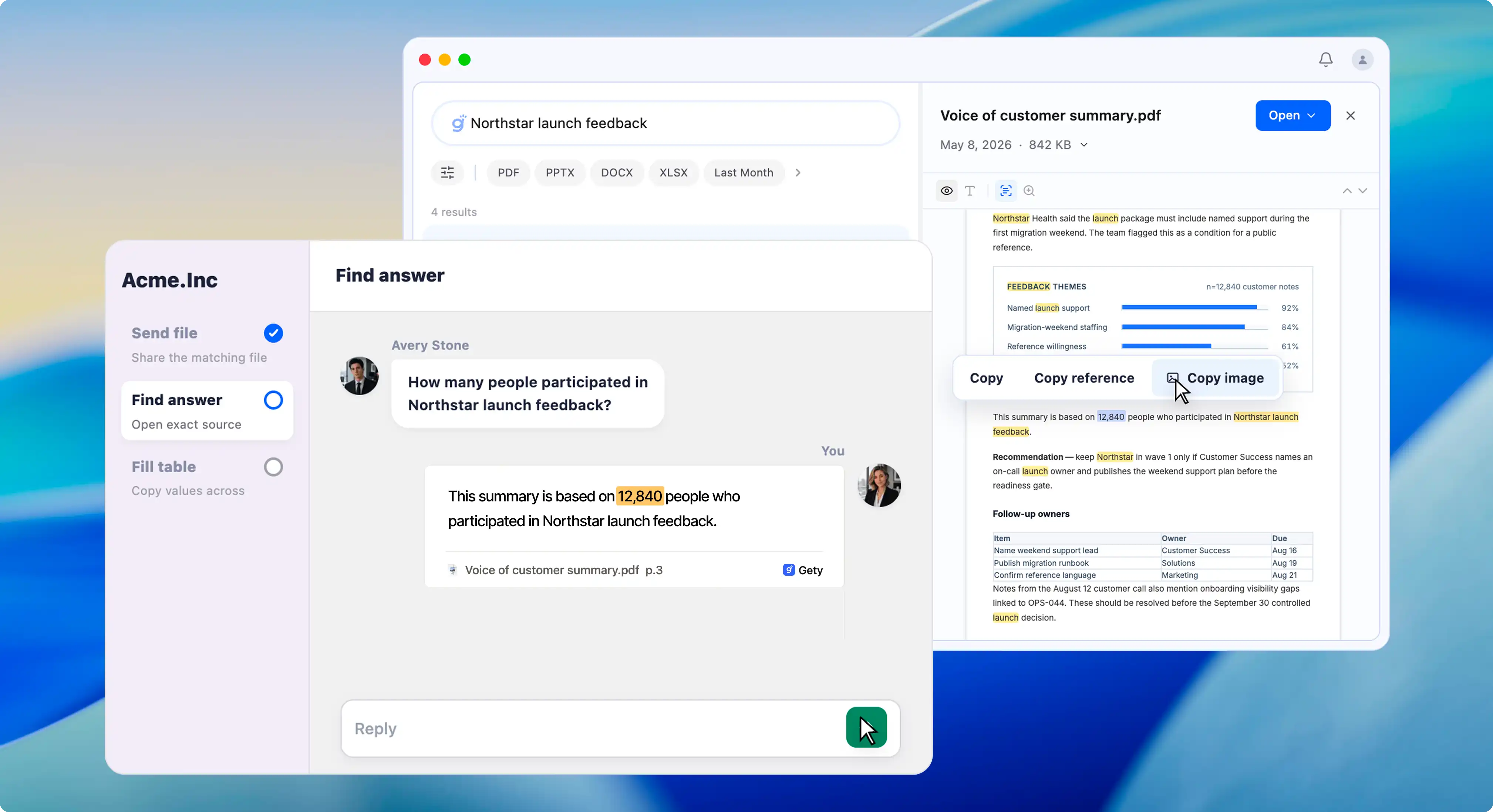 Preview text selection menu and file actions