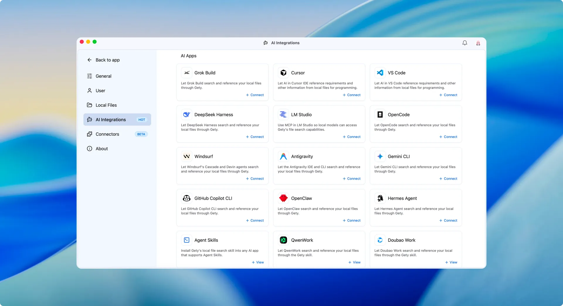 Connect AI apps and install Agent Skills in Gety